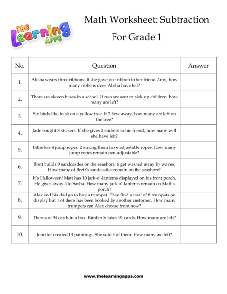 Grade 1 Subtraction Worksheet 01