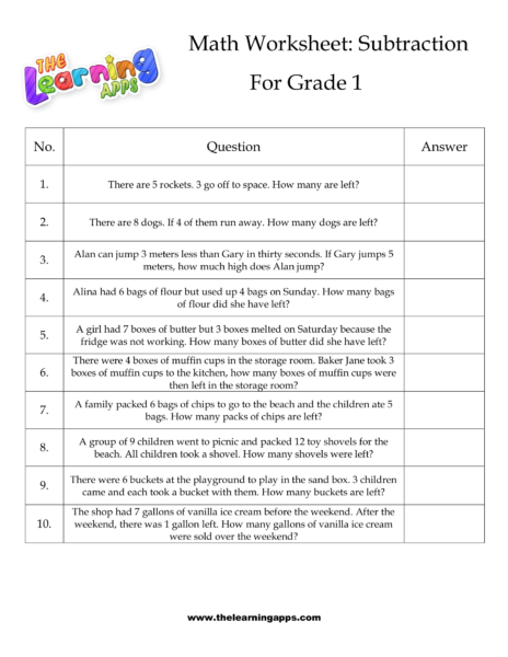 Grade 1 Subtraction Worksheet 02