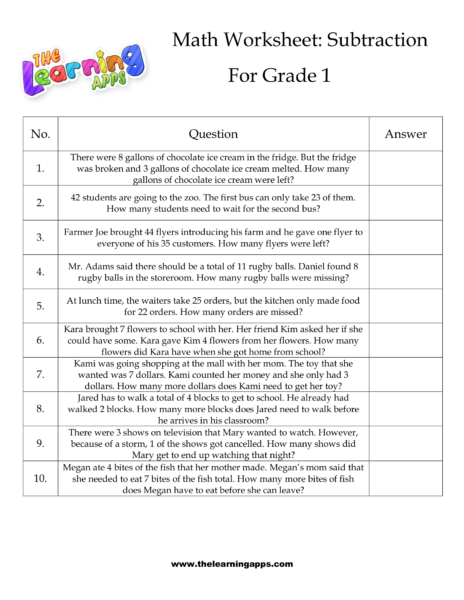 Grade 1 Subtraction Worksheet 03