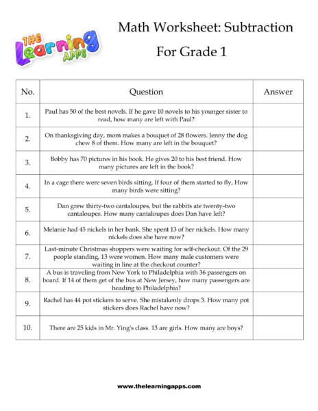 Grade 1 Subtraction Worksheet 06