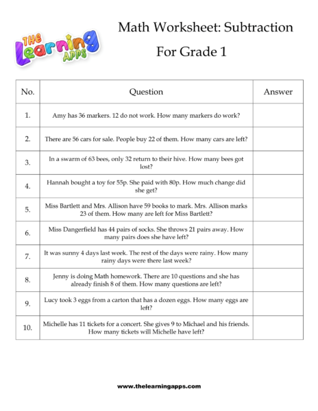 Grade 1 Subtraction Worksheet 07