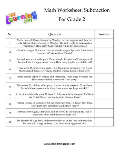 Grade 2 Subtraction Worksheet 01