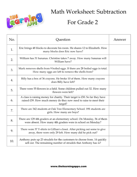 Grade 2 Subtraction Worksheet 07