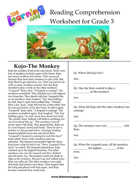 Kojo-The Monkey Comprehension Worksheet