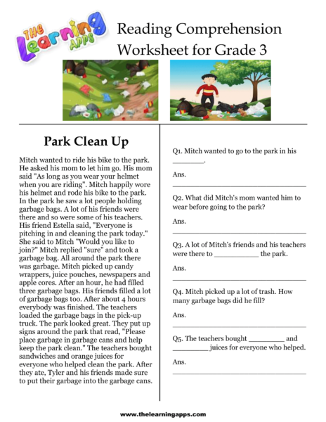 Park Clean Up Comprehension Worksheet