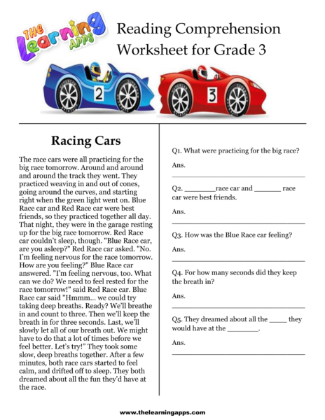 Racing Cars Comprehension Worksheet
