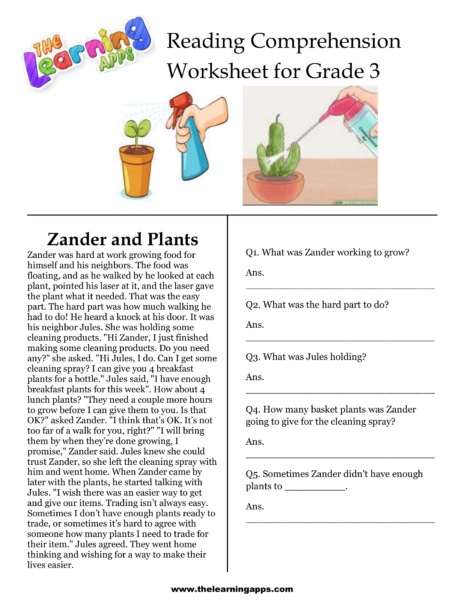 Zander and Plants Comprehension Worksheet