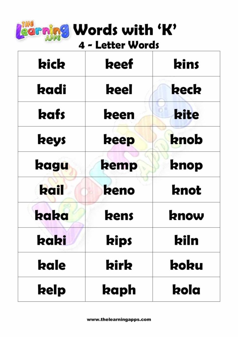 Download free printable 4 LETTER WORD STARTING WITH K