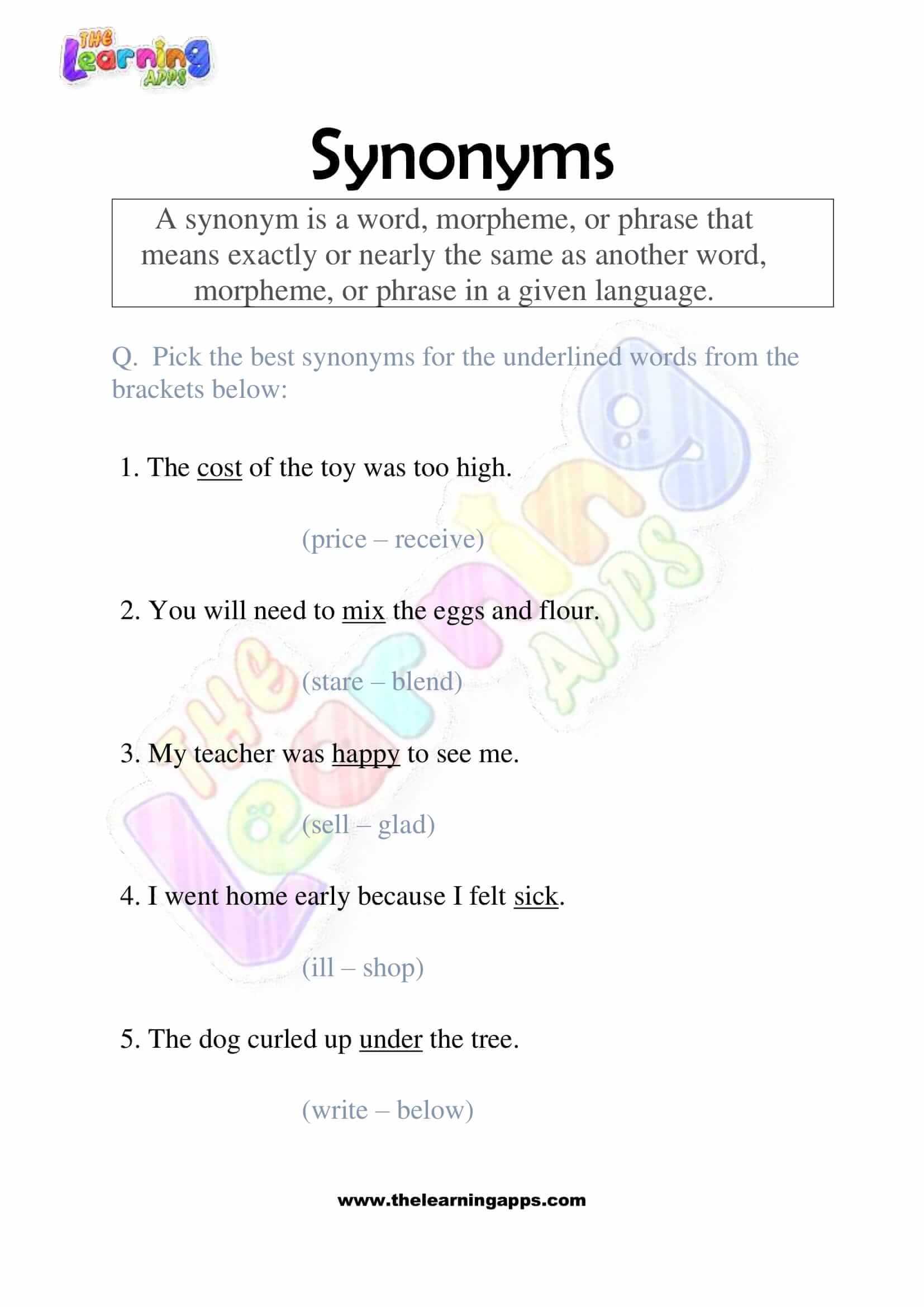 Free Synonyms Worksheet 06 For Kids