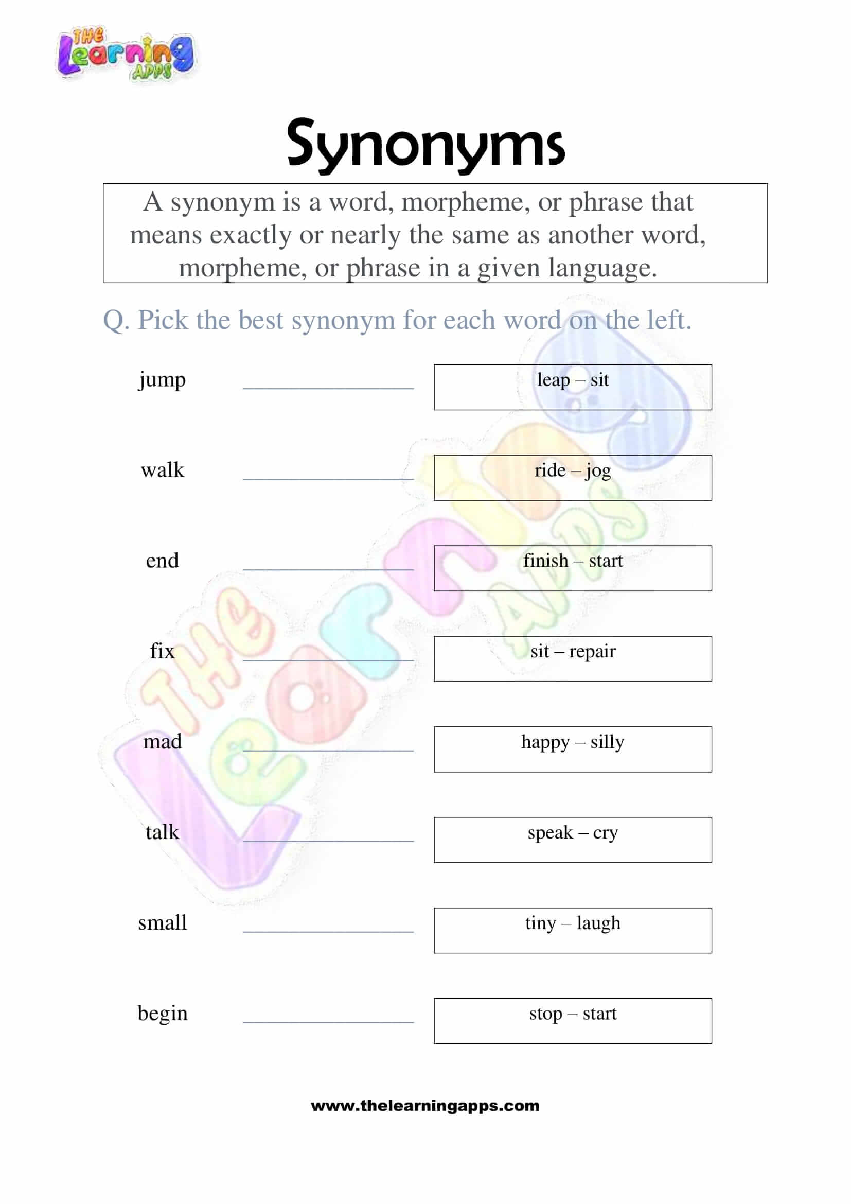 forbundet Andrew Halliday kinakål Free Synonyms Worksheet 07 for Kids