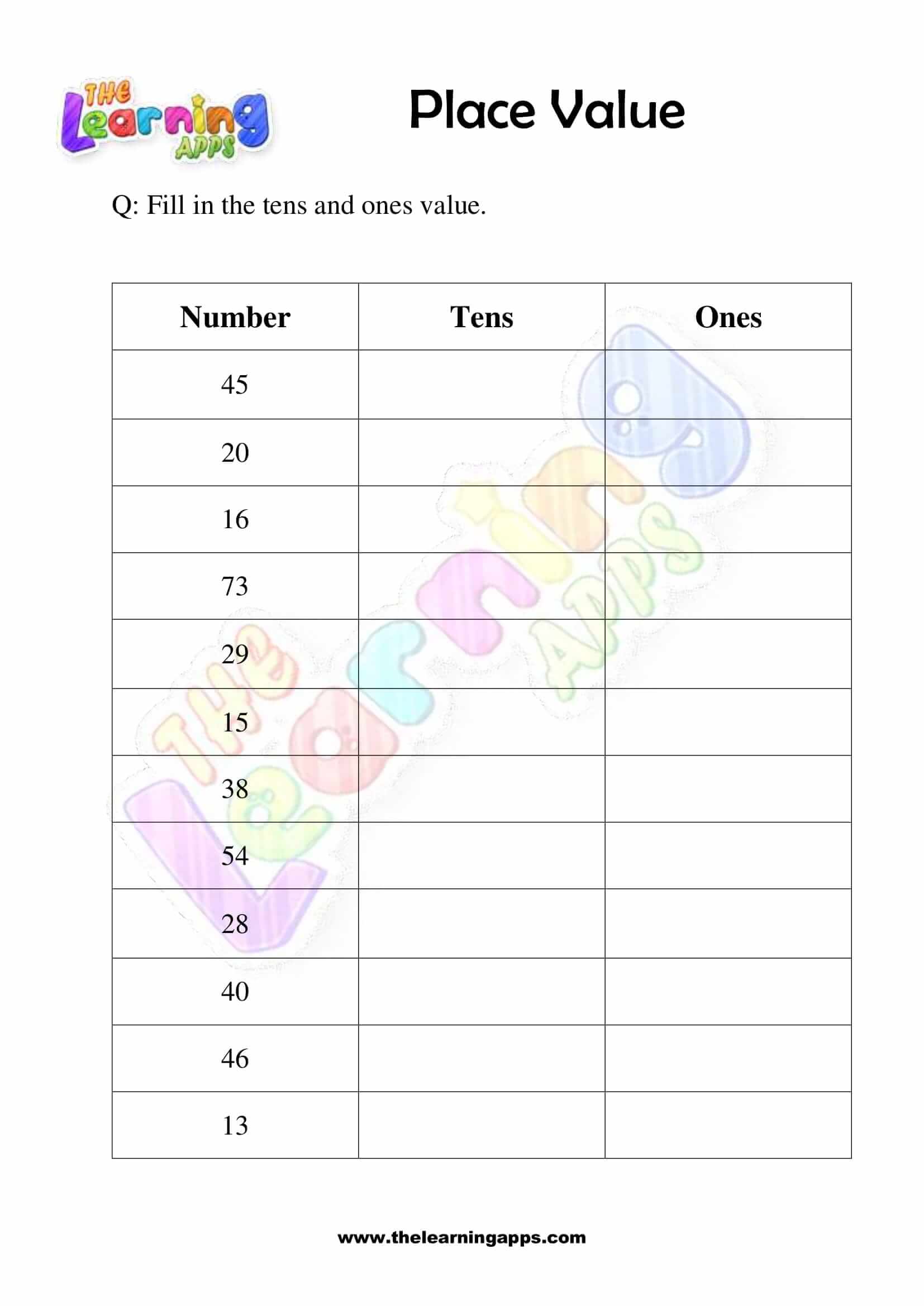 place value worksheet 1st grade