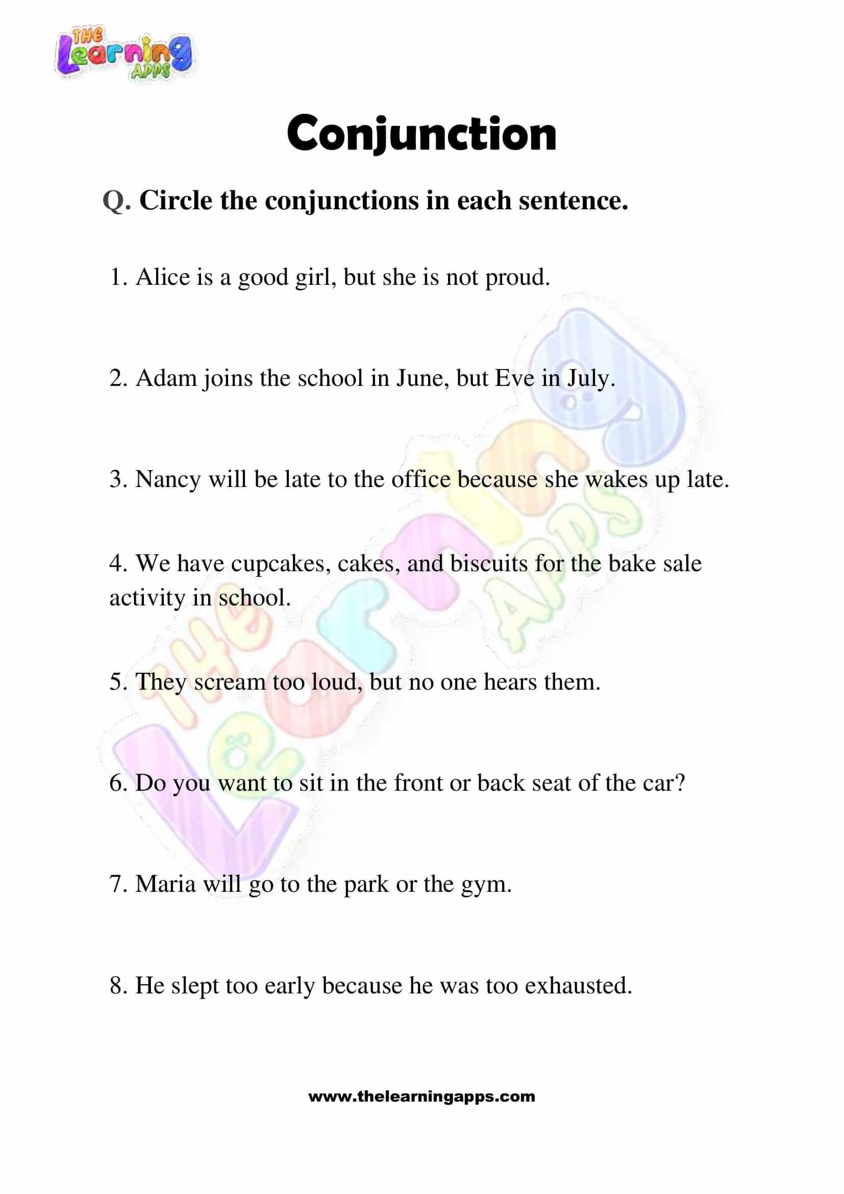 practice worksheet of conjunctions