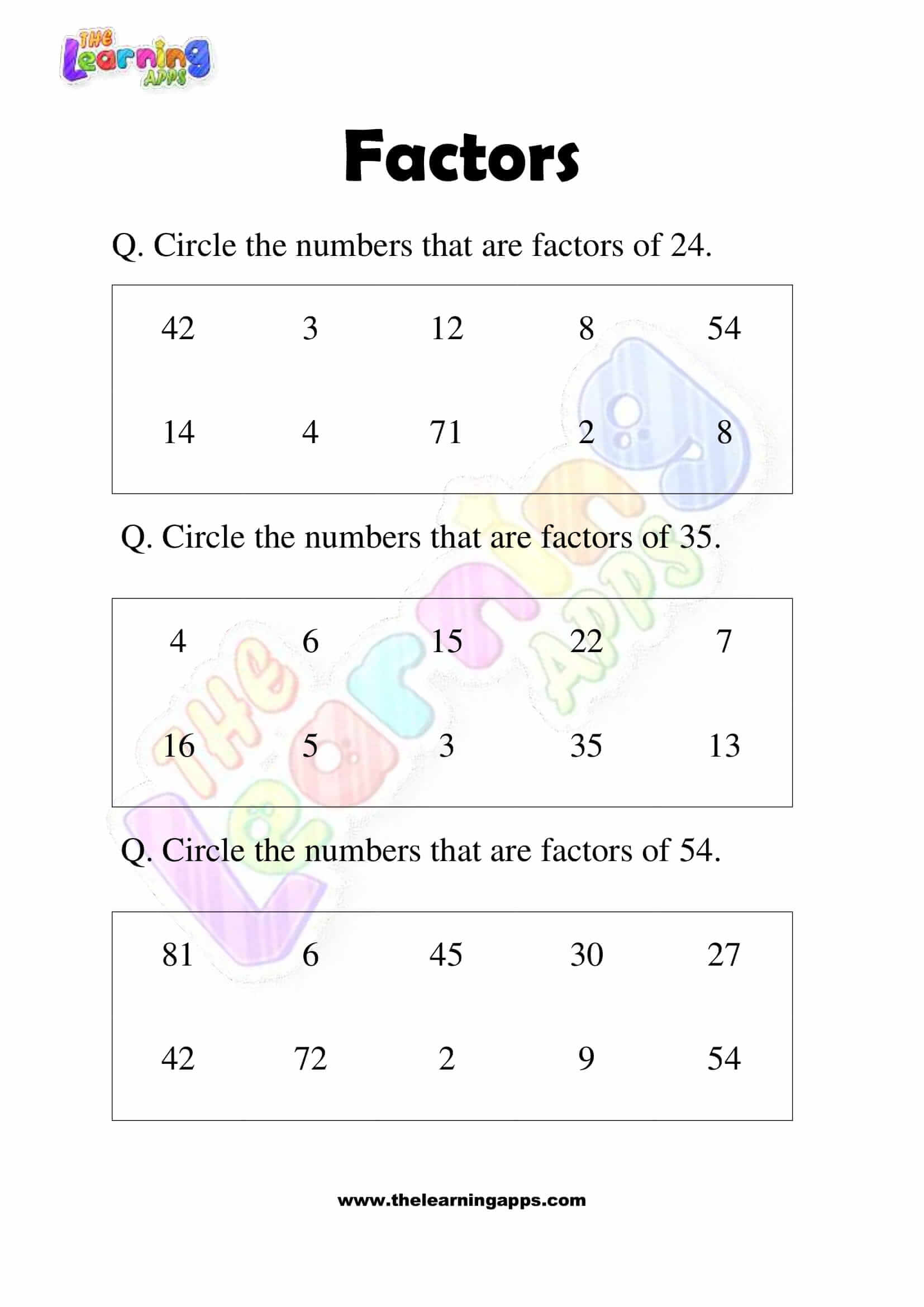 Factors Worksheet - Grade 3 - Activity 5