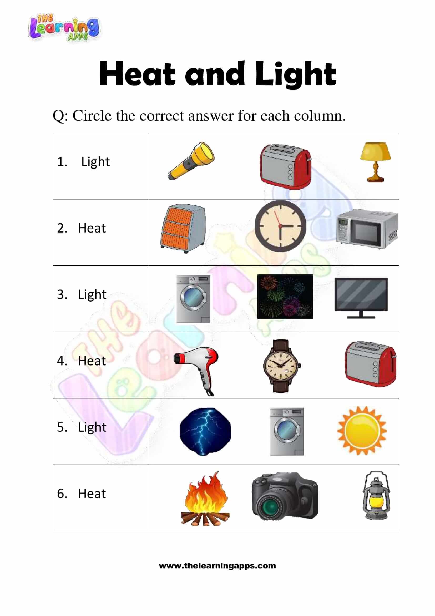 Heat and Light Worksheet - Grade 2 - Activity 6