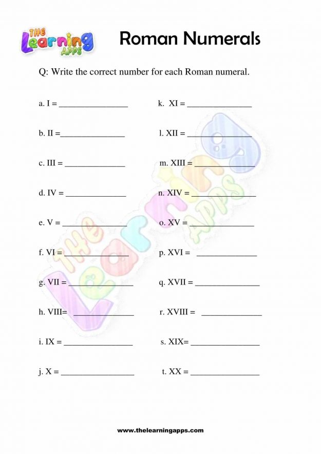 Roman Numerals - Grade 1 - Activity 2