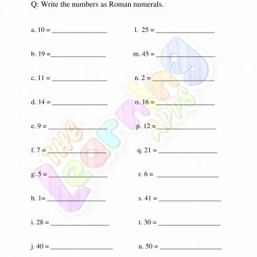 Roman Numerals - Grade 2 - Activity 1