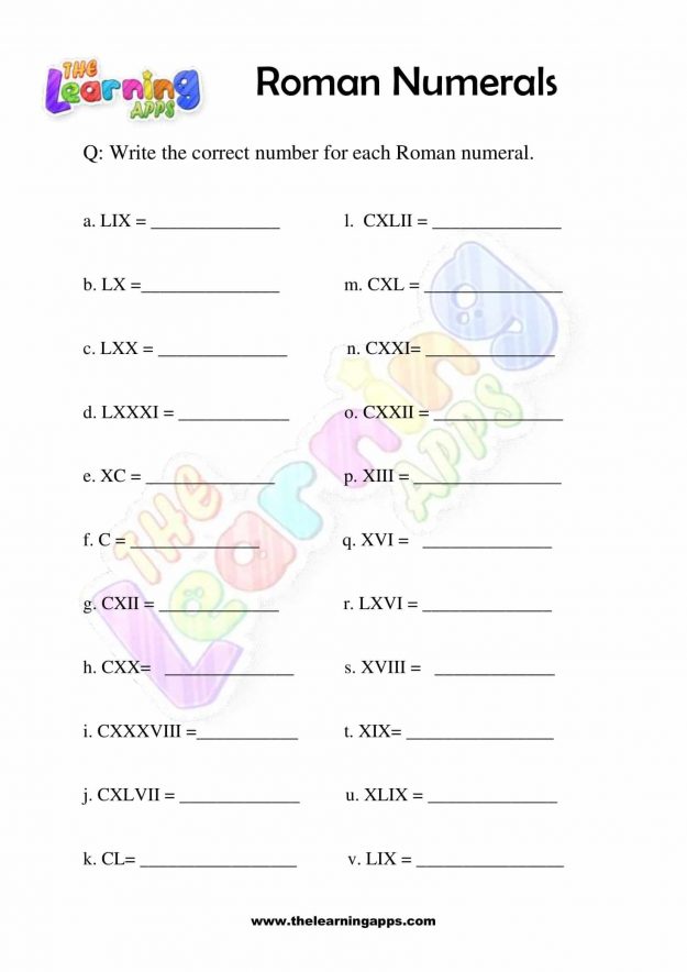 Roman Numerals - Grade 3 - Activity 2