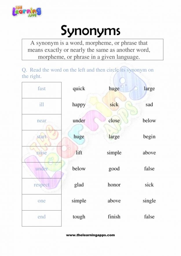 Synonyms - Grade 2 - Activity 1