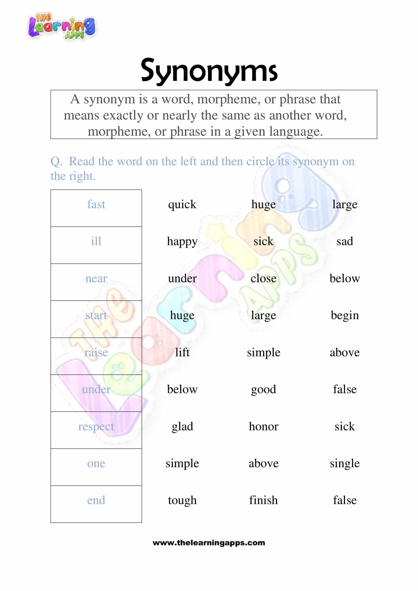 Synonyms - Grade 2 - Activity 1