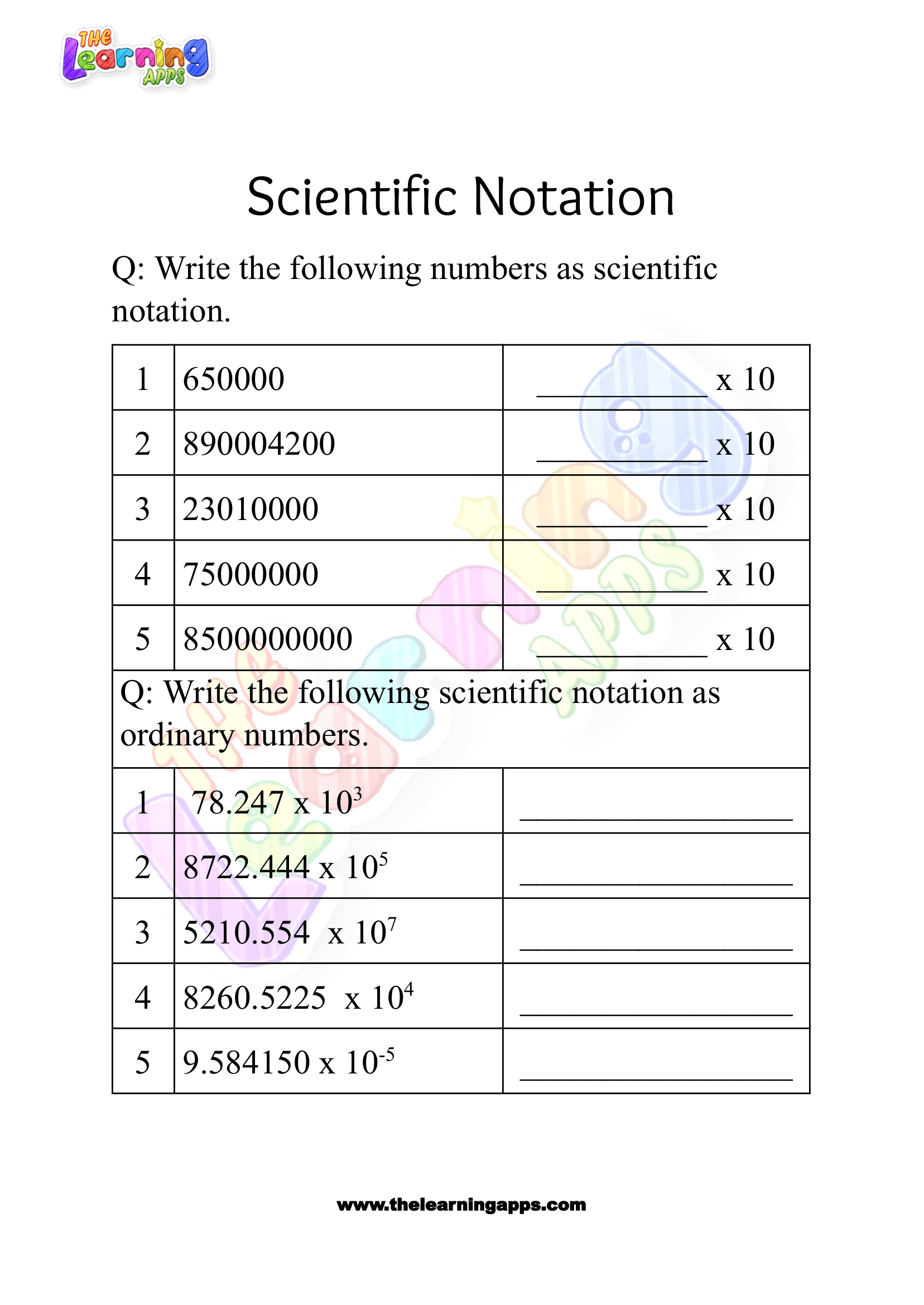 feuille de calcul de notation scientifique de la 3e à la 09e année