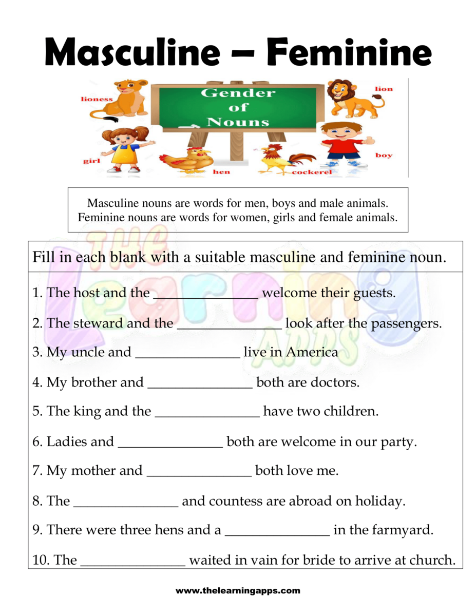 Masculine And Feminine Nouns Worksheets For Grade 3
