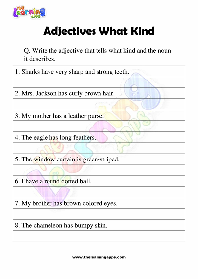 Adjectives of What Type Worksheets for ຊັ້ນປໍ 3 – ກິດຈະກຳທີ 2