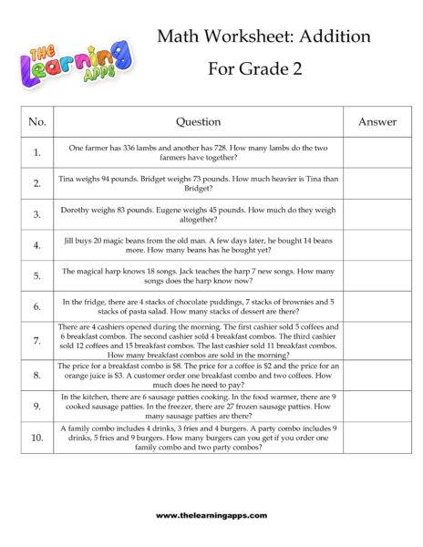 Grade 2 Addition Sheet 10