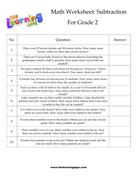 Grade 2 Subtraction Worksheet 02