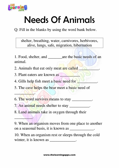 Needs of Animals Worksheets for Grade 3 – Activity 2