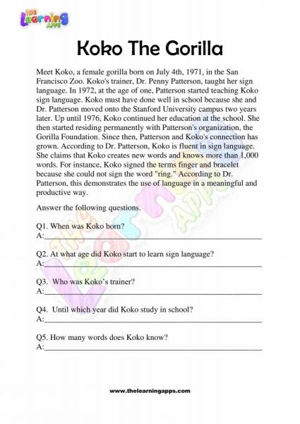 Non Fiction Reading Passages - Grade 2 - Koko The Gorilla