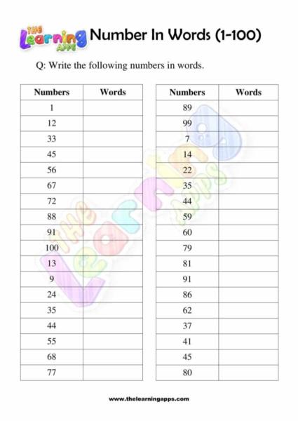 Number Words (1-100) grade one 03