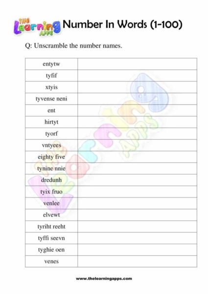 Number Words (1-100) grade one 09
